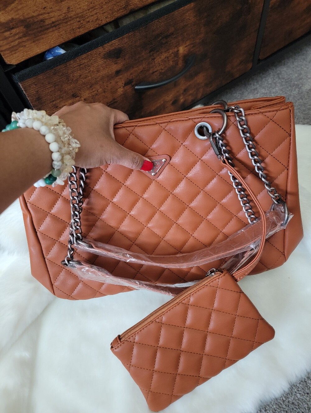 Quilted Vegan Leather Tote Shoulder Bag with Wristlet - Brown